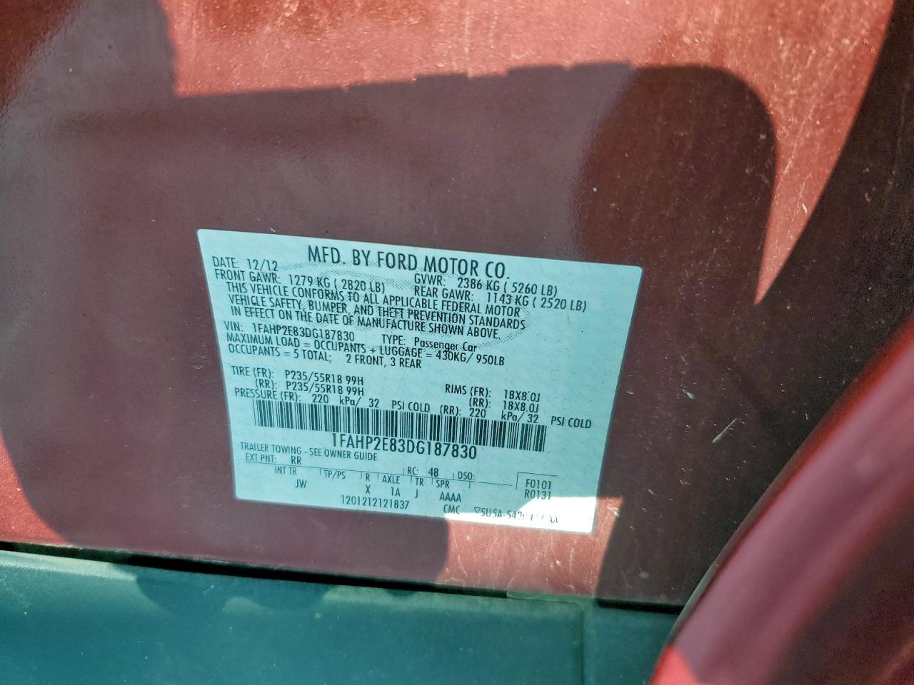 2013 Ford Taurus Sel VIN: 1FAHP2E83DG187830 Lot: 95715095