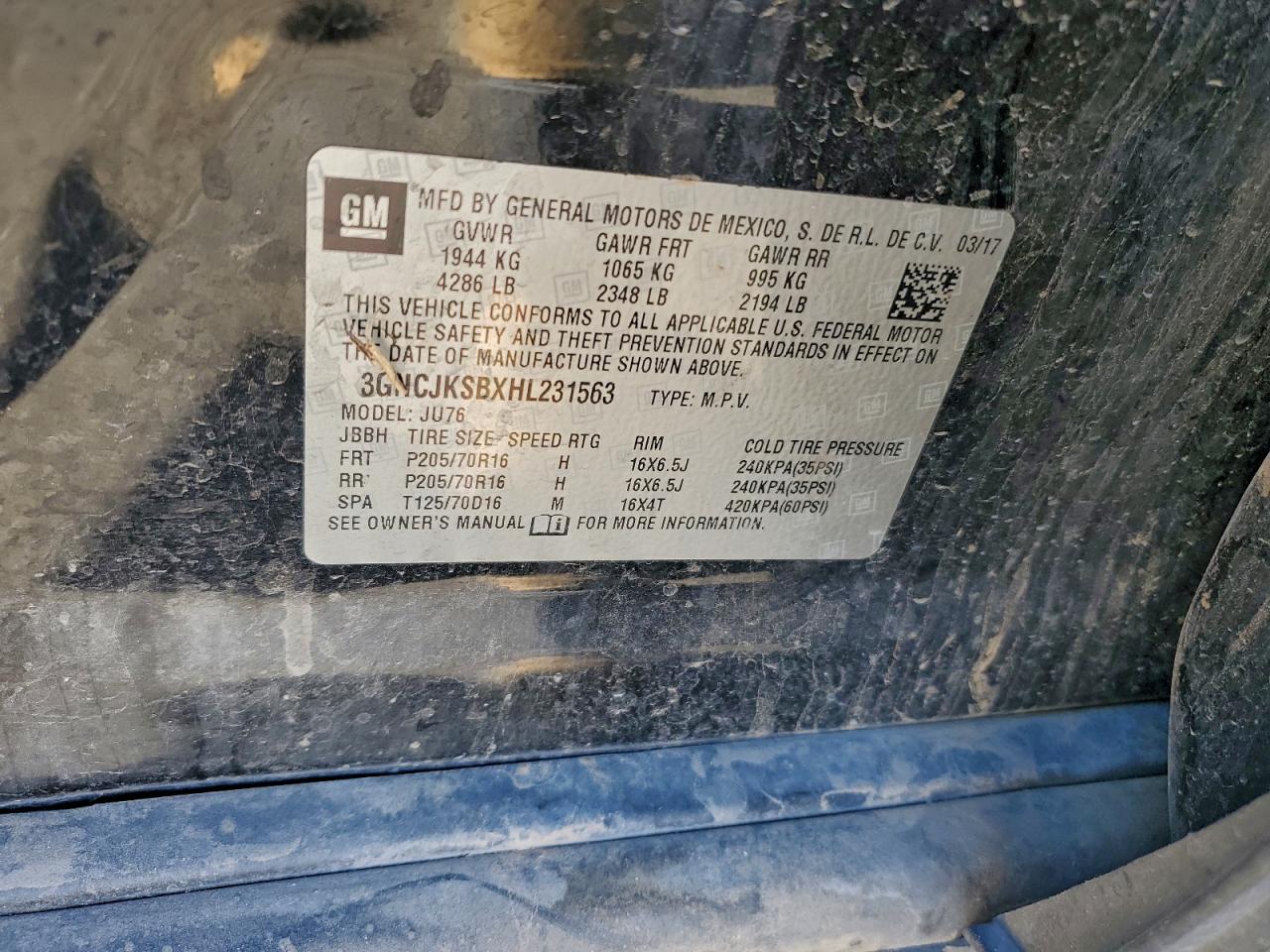 2017 Chevrolet Trax Ls VIN: 3GNCJKSBXHL231563 Lot: 96211255