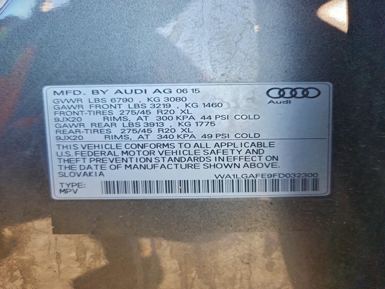 2015 Audi Q7 Premium Plus VIN: WA1LGAFE9FD032300 Lot: 95102555