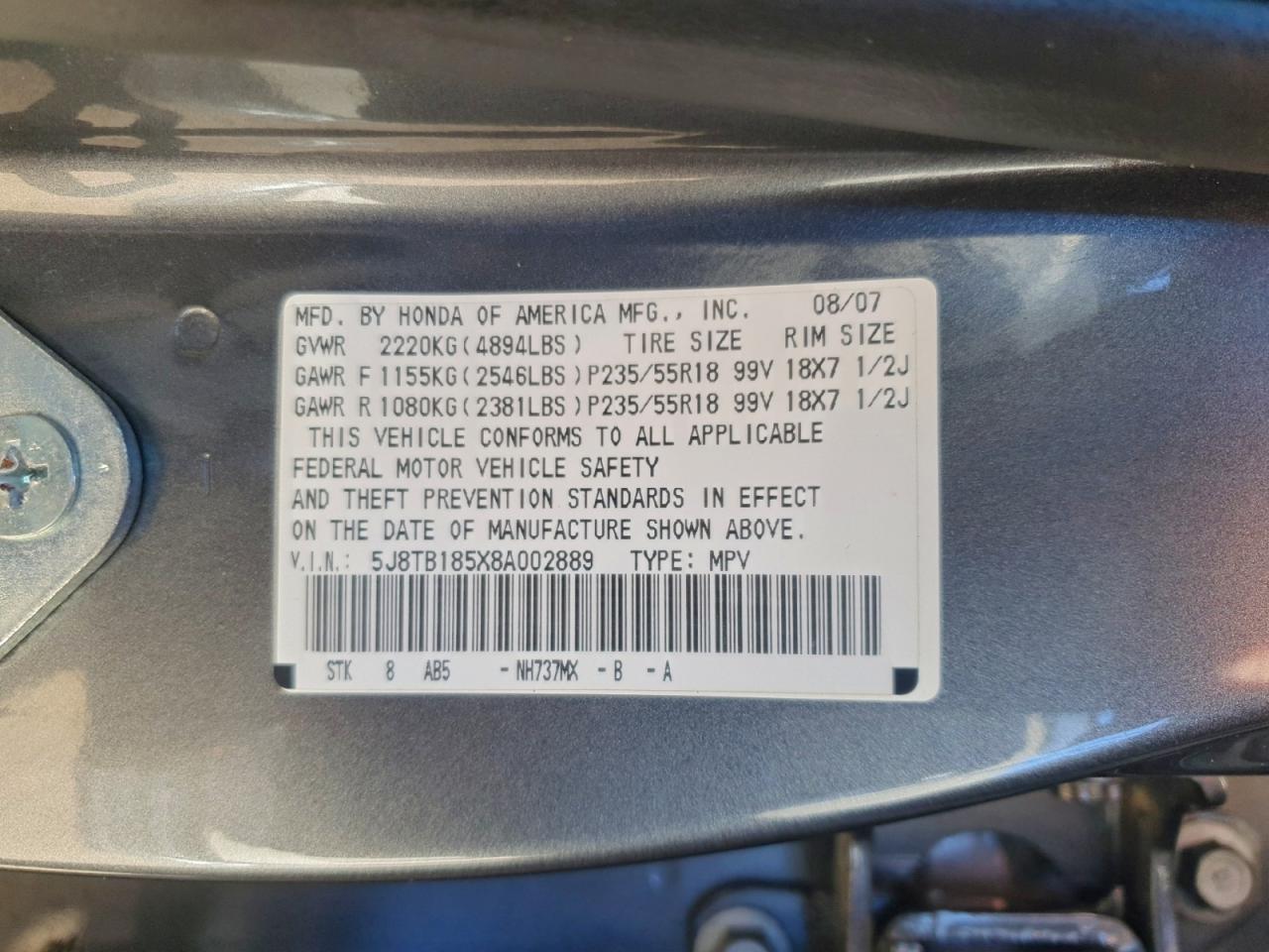 2008 Acura Rdx Technology VIN: 5J8TB185X8A002889 Lot: 94570625