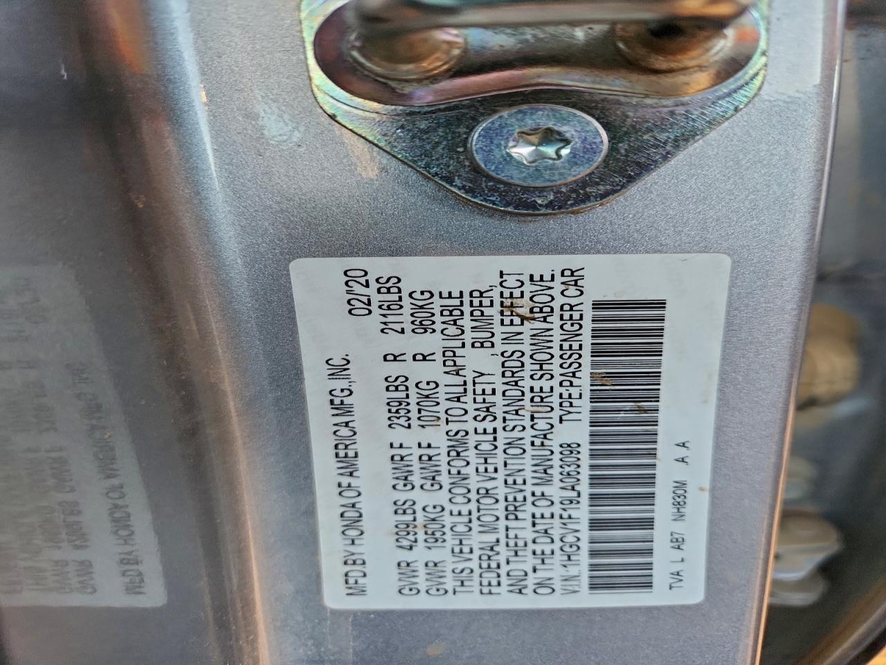 2020 Honda Accord Lx VIN: 1HGCV1F19LA063098 Lot: 95033275