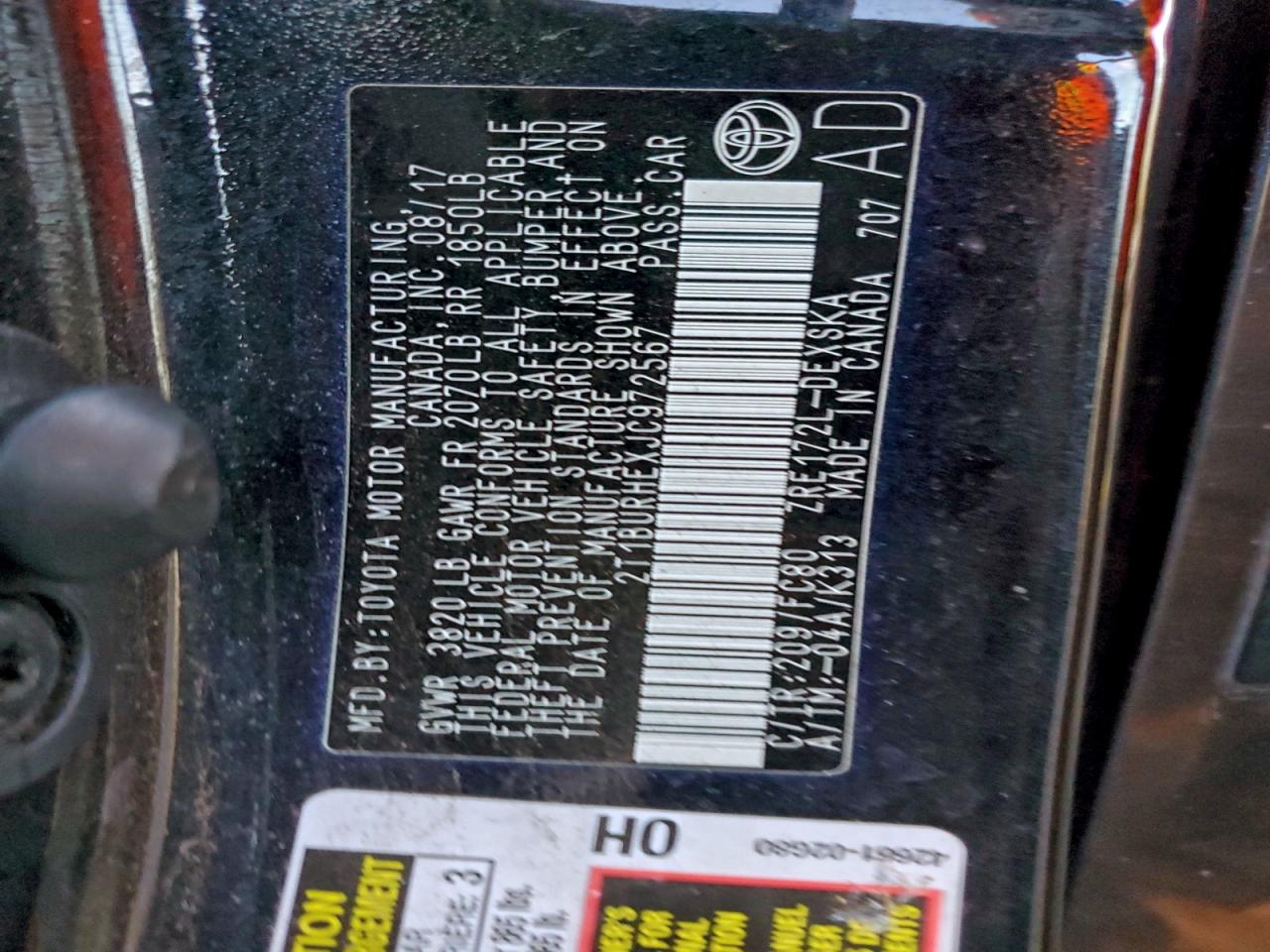 2018 Toyota Corolla L VIN: 2T1BURHEXJC972567 Lot: 95073915