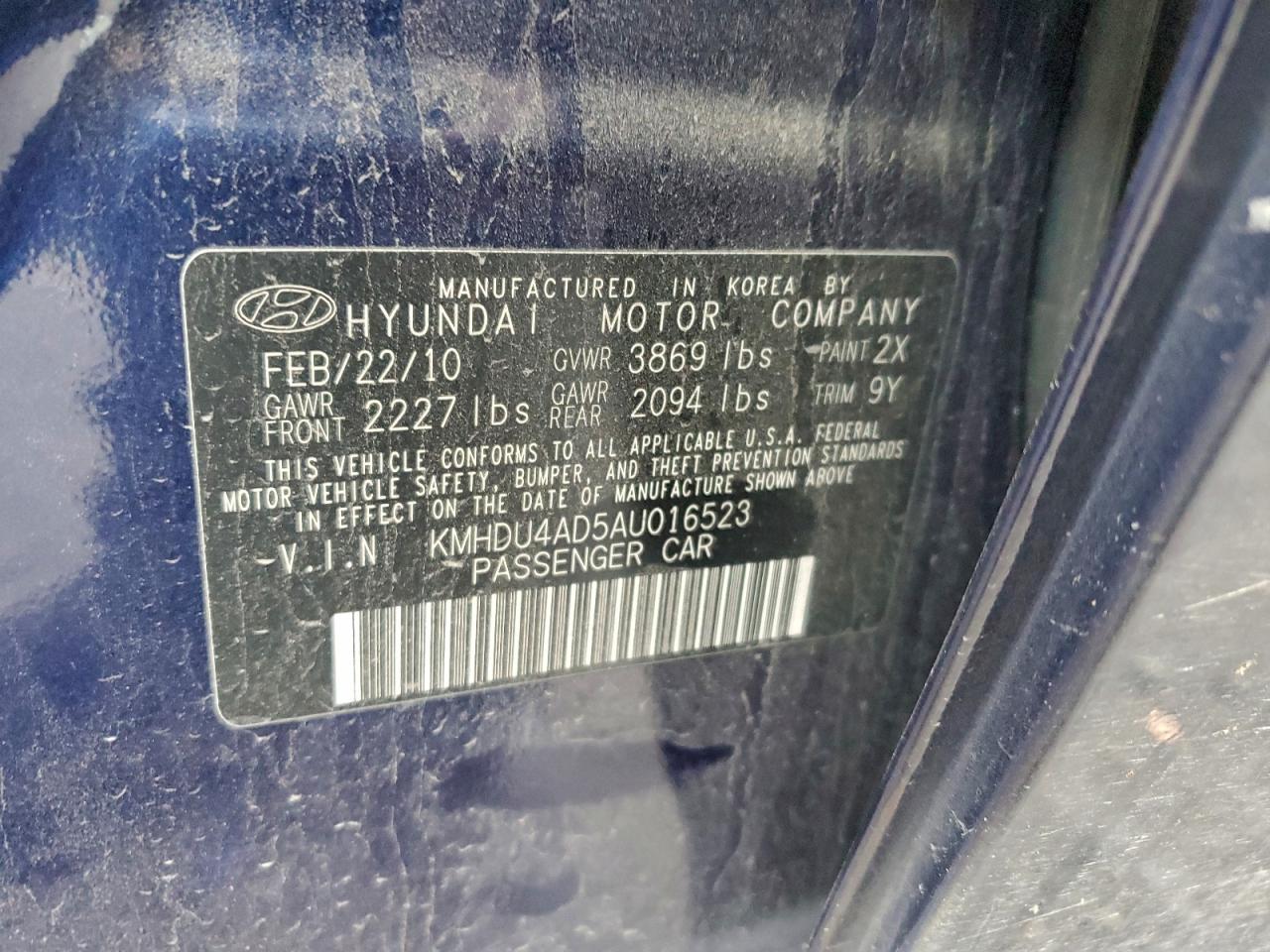 2010 Hyundai Elantra Blue VIN: KMHDU4AD5AU016523 Lot: 95668285