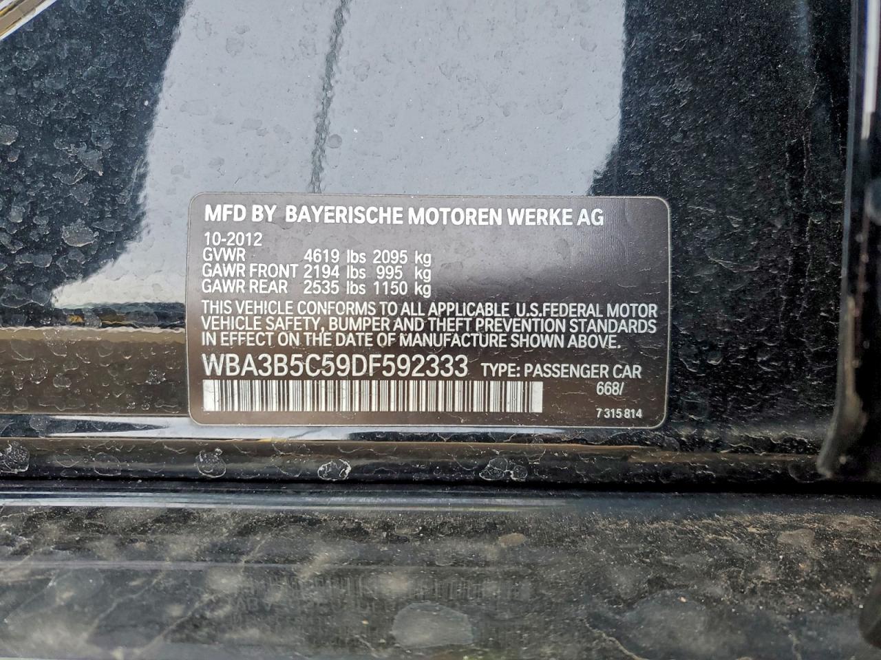 2013 BMW 328 Xi Sulev VIN: WBA3B5C59DF592333 Lot: 95180615