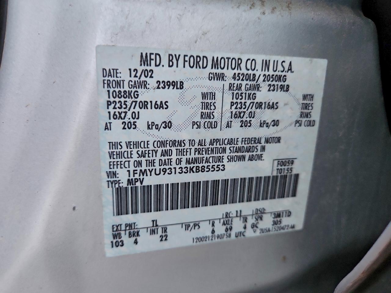 2003 Ford Escape Xlt VIN: 1FMYU93133KB85553 Lot: 95891575