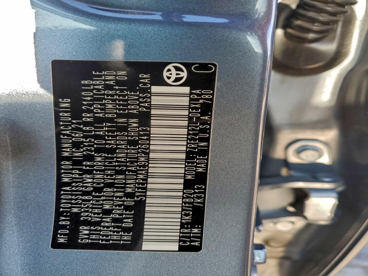 2021 Toyota Corolla Le VIN: 5YFEPMAE9MP260413 Lot: 95384715