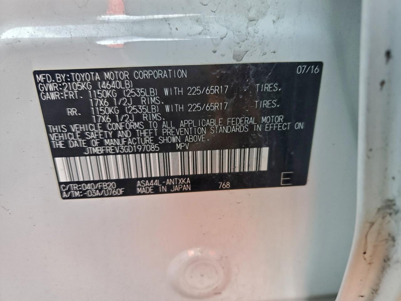 2016 Toyota Rav4 Le VIN: JTMBFREV3GD197085 Lot: 94790945