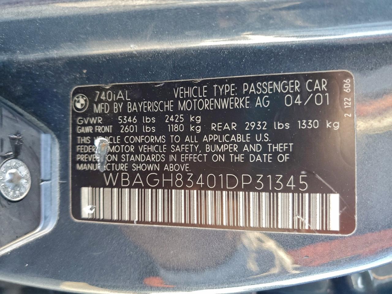 2001 BMW 740 Il VIN: WBAGH83401DP31345 Lot: 94817865