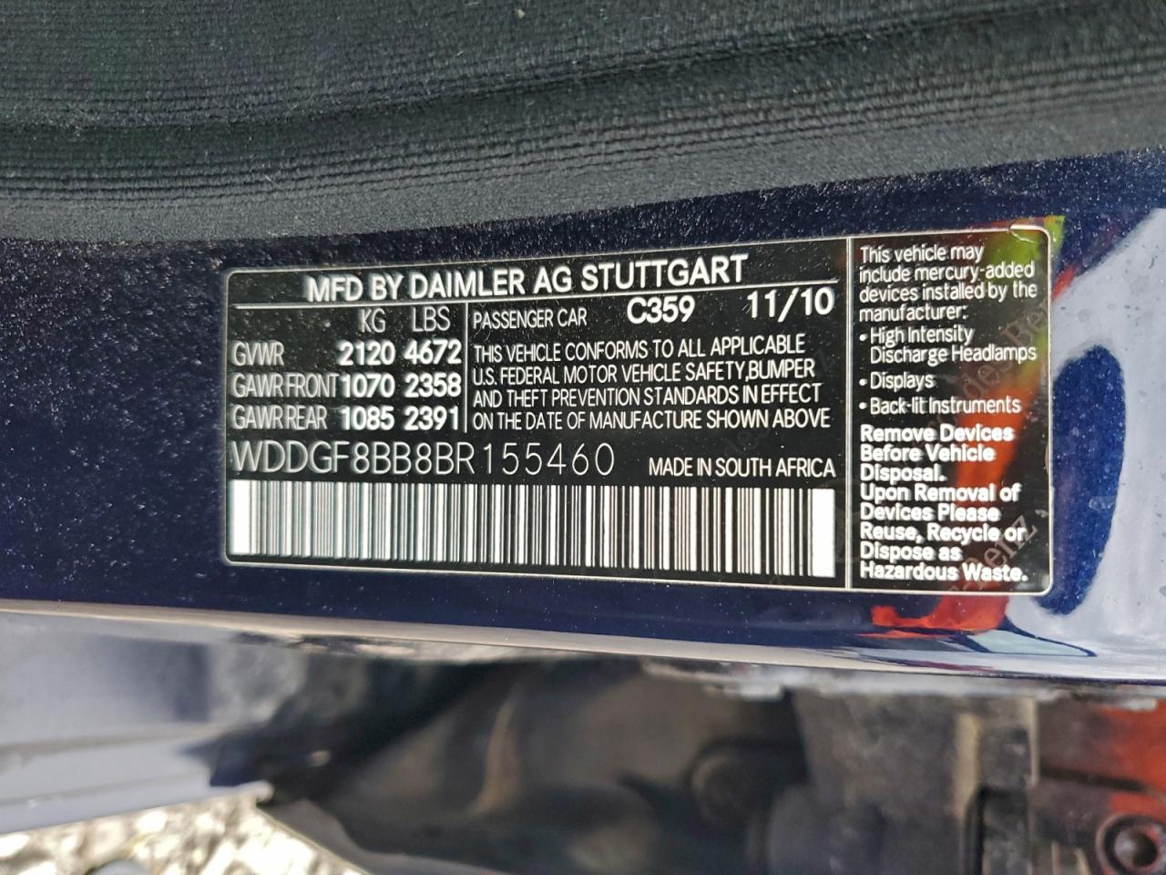 2011 Mercedes-Benz C 300 4Matic VIN: WDDGF8BB8BR155460 Lot: 94953465