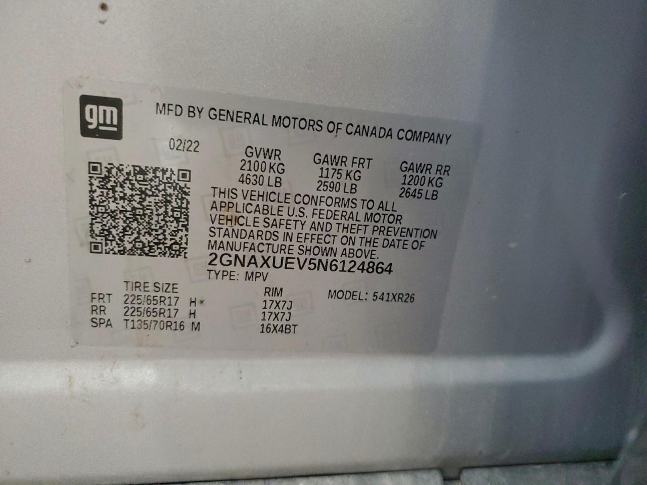 2022 Chevrolet Equinox Lt VIN: 2GNAXUEV5N6124864 Lot: 94515185