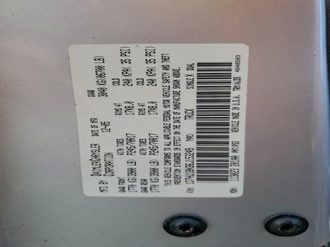 2006 Dodge Ram 1500 St VIN: 1D7HU18N36J153249 Lot: 95686955