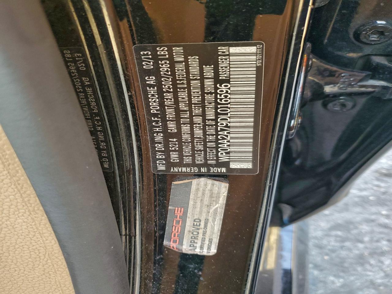 2013 Porsche Panamera 2 VIN: WP0AA2A79DL016596 Lot: 94754425