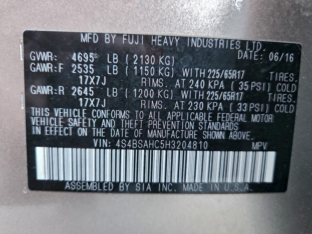 2017 Subaru Outback 2.5I Premium VIN: 4S4BSAHC5H3204810 Lot: 94954775