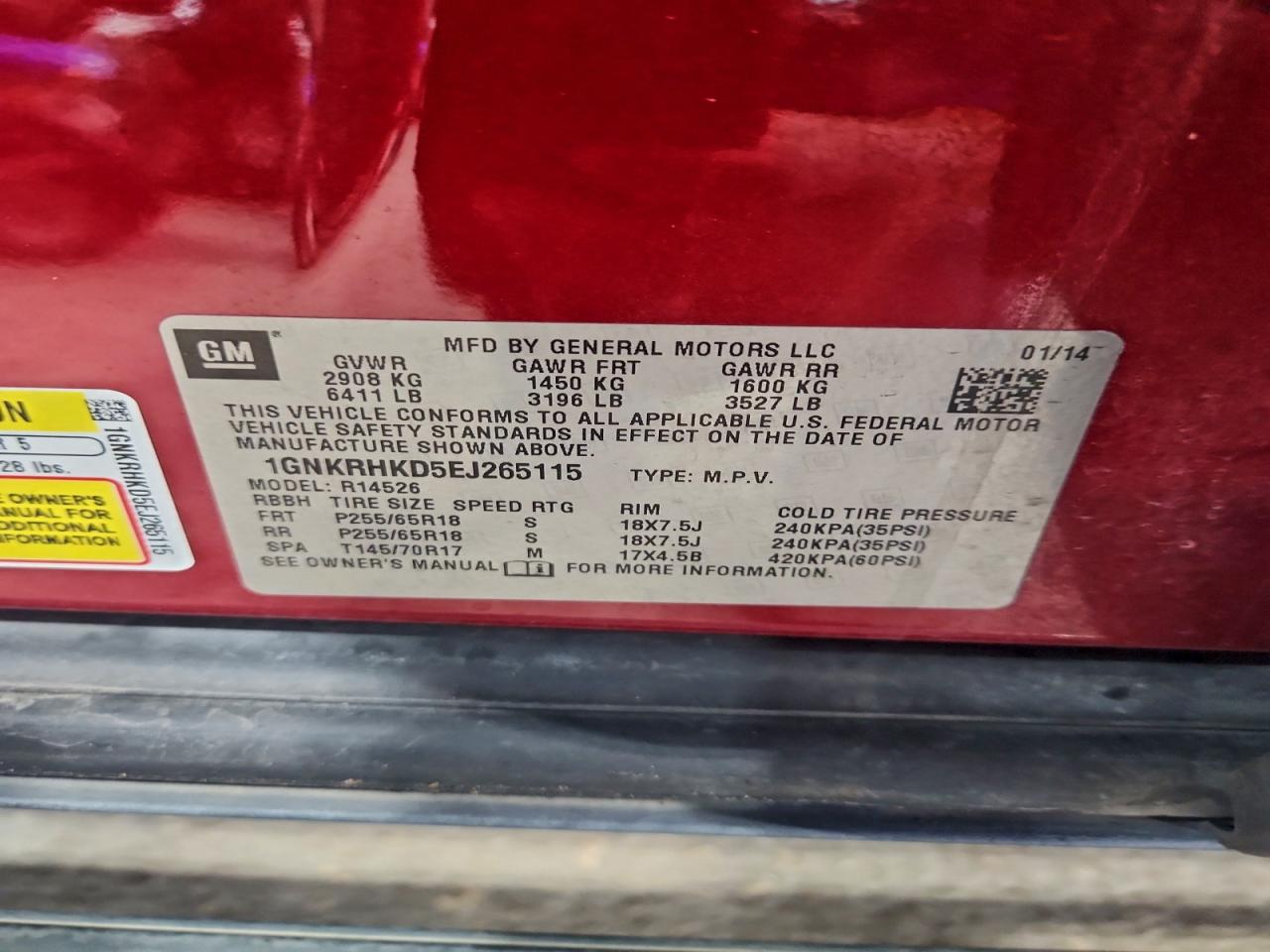 2014 Chevrolet Traverse Lt VIN: 1GNKRHKD5EJ265115 Lot: 94803795