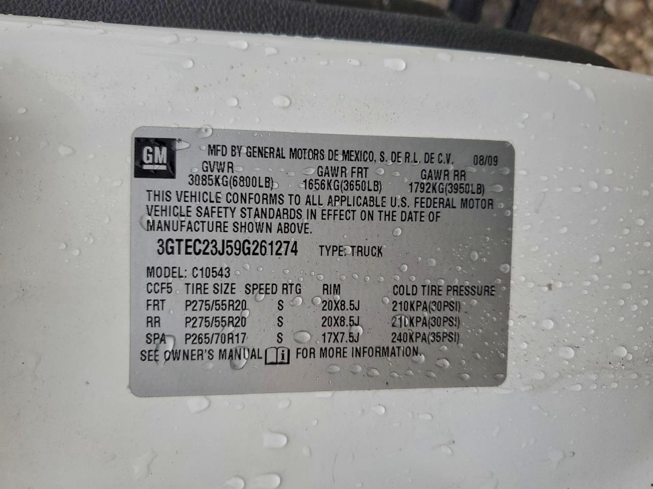 2009 GMC Sierra C1500 Sle VIN: 3GTEC23J59G261274 Lot: 94761145