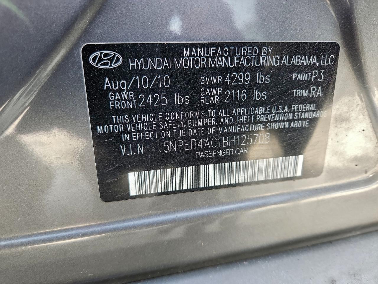 2011 Hyundai Sonata Gls VIN: 5NPEB4AC1BH125708 Lot: 97634385