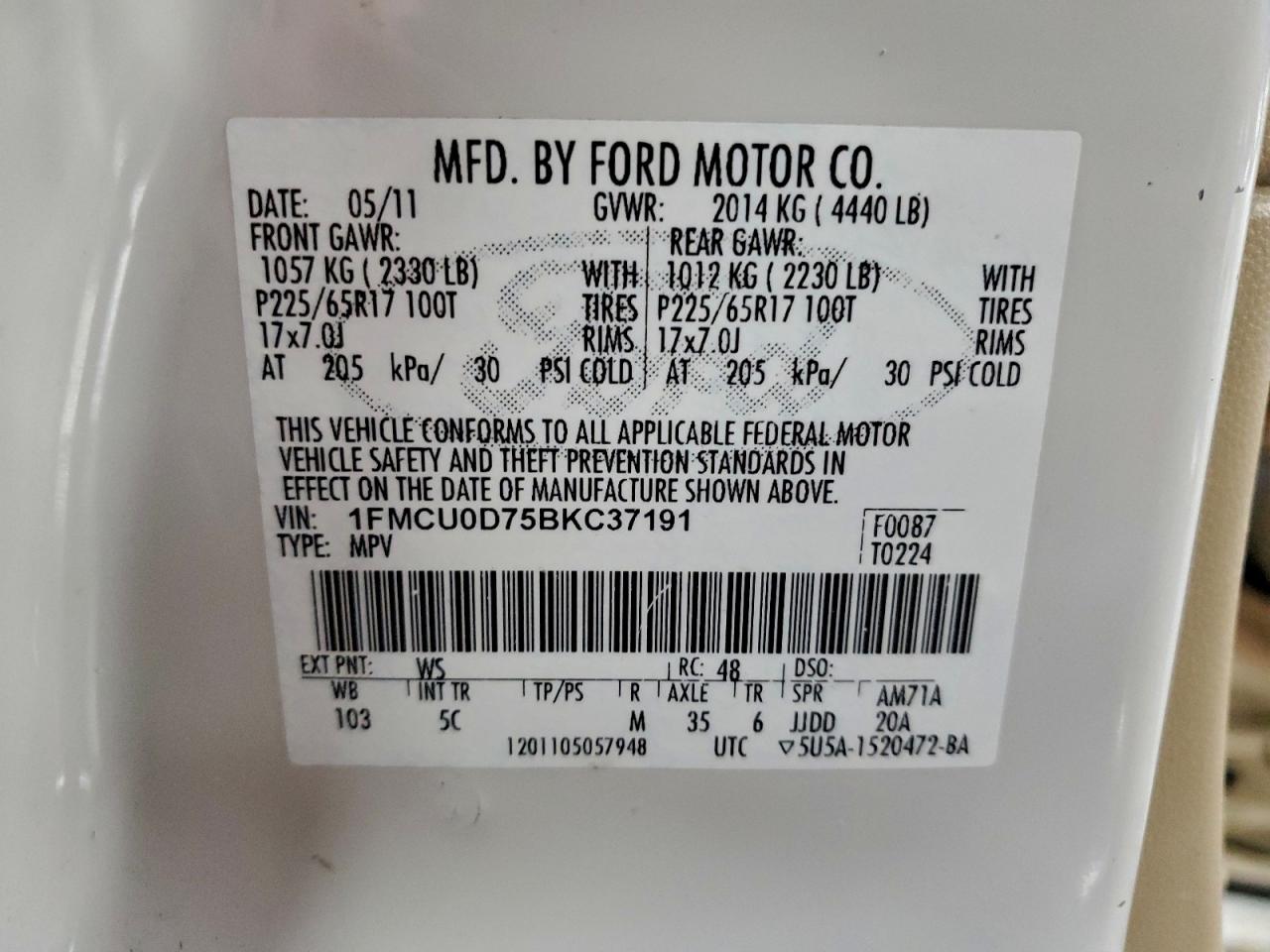 2011 Ford Escape Xlt VIN: 1FMCU0D75BKC37191 Lot: 96544805