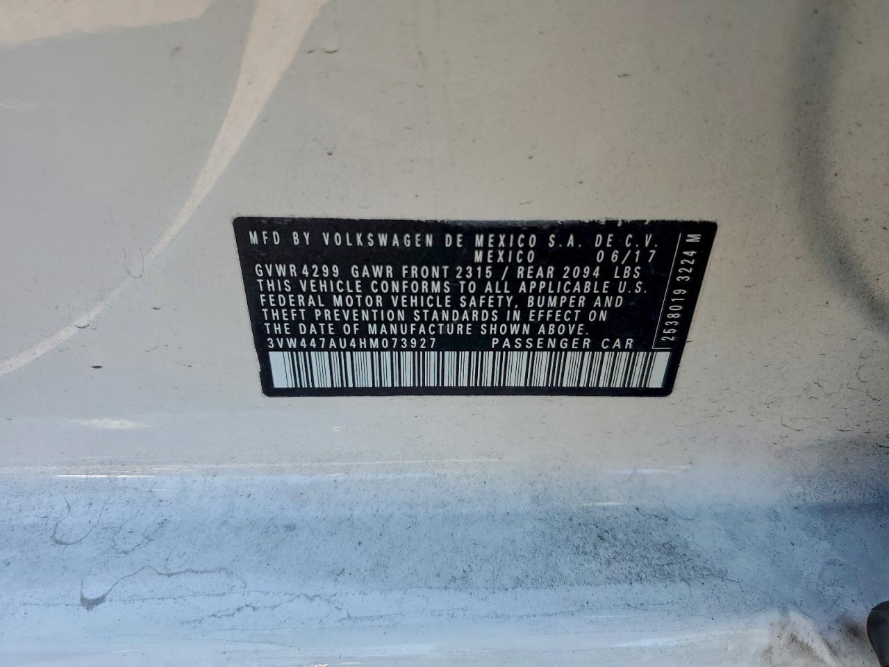 2017 Volkswagen Gti S/Se VIN: 3VW447AU4HM073927 Lot: 94640145