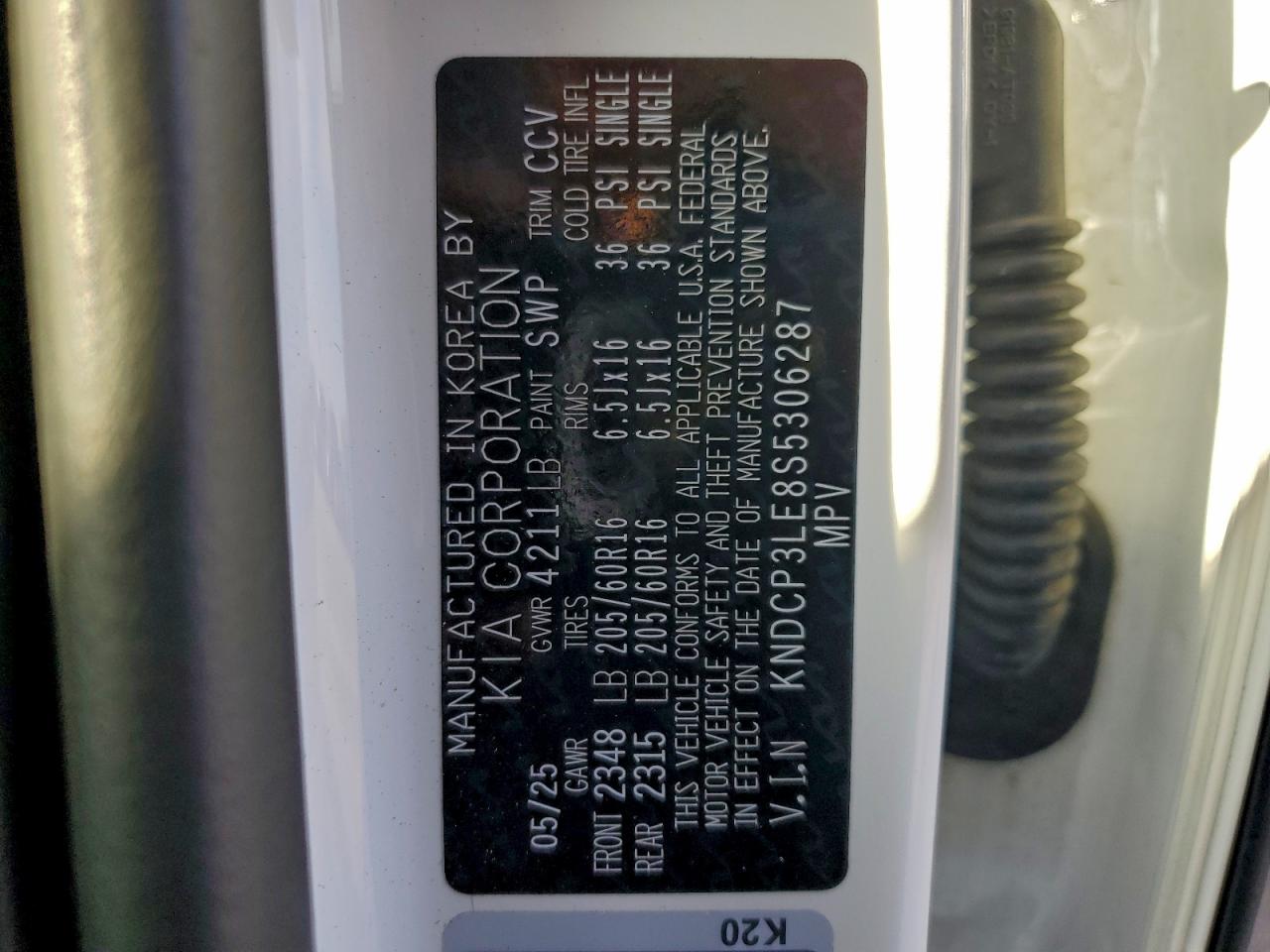 2025 Kia Niro Lx VIN: KNDCP3LE8S5306287 Lot: 95156175