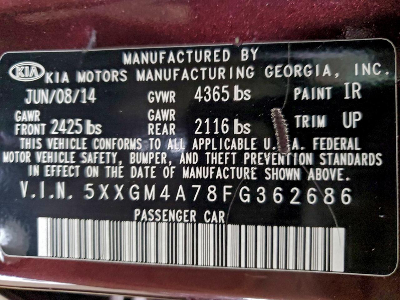 2015 Kia Optima Lx VIN: 5XXGM4A78FG362686 Lot: 94711975