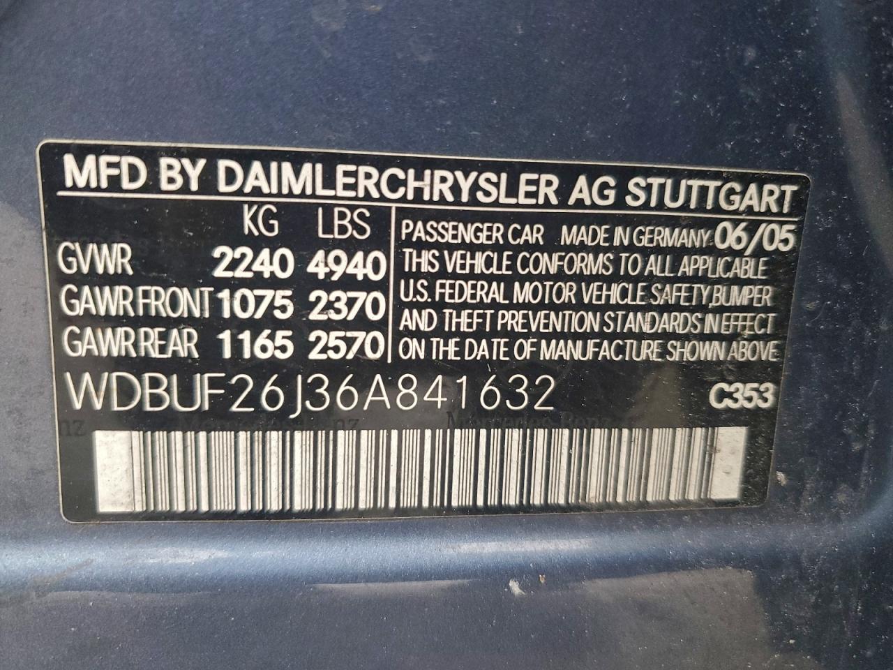 2006 Mercedes-Benz E 320 Cdi VIN: WDBUF26J36A841632 Lot: 96298575