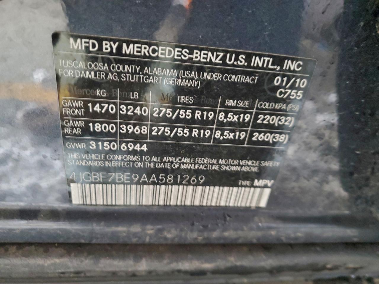 2010 Mercedes-Benz Gl 450 4Matic VIN: 4JGBF7BE9AA581269 Lot: 96046895