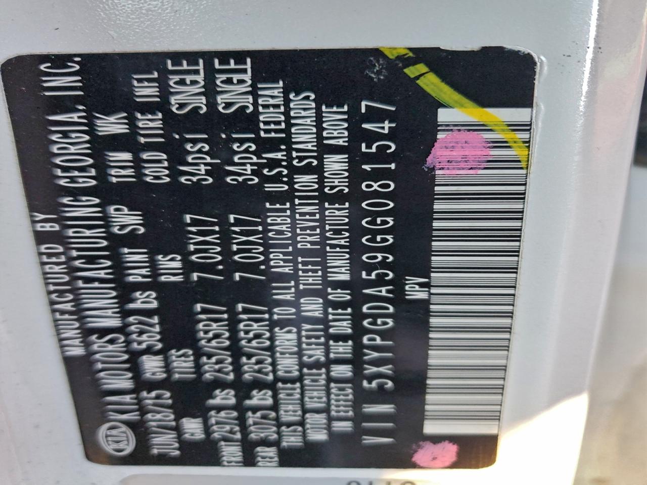 2016 Kia Sorento Lx VIN: 5XYPGDA59GG081547 Lot: 96034035