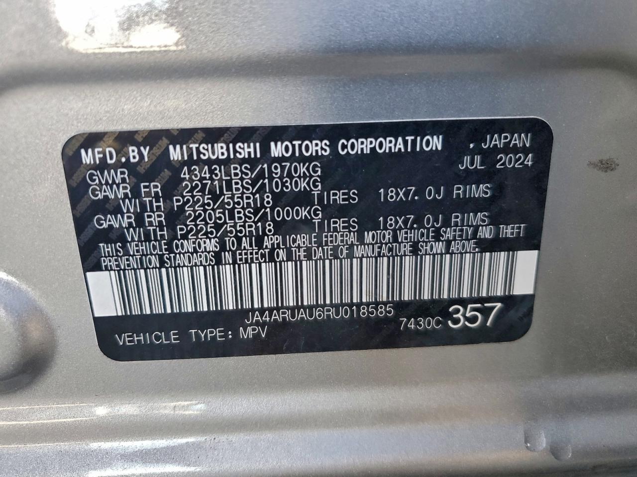 2024 Mitsubishi Outlander Sport S/Se VIN: JA4ARUAU6RU018585 Lot: 93994295