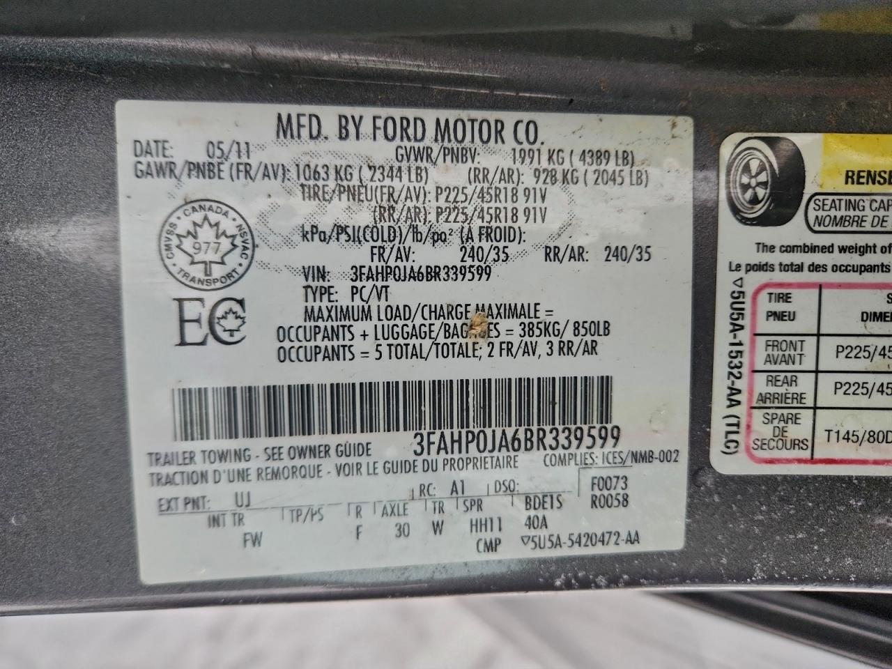 2011 Ford Fusion Sel VIN: 3FAHP0JA6BR339599 Lot: 96146065