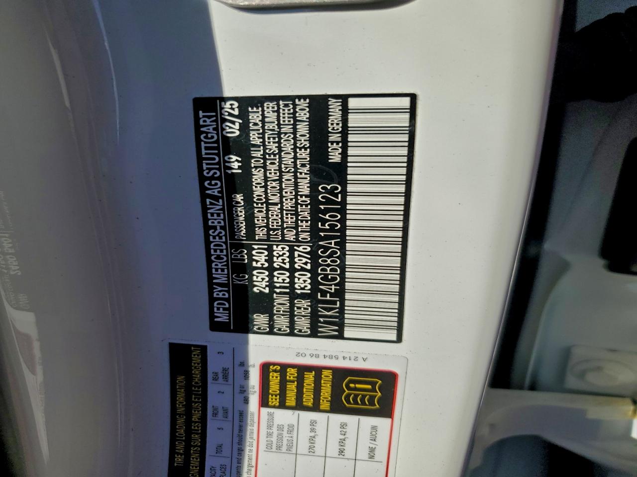 2025 Mercedes-Benz E 350 VIN: W1KLF4GB8SA156123 Lot: 94371655