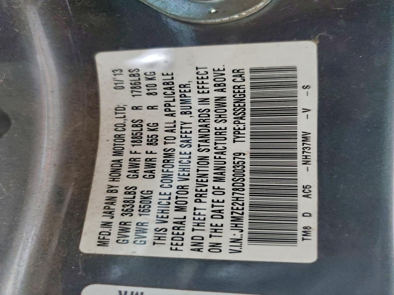 2013 Honda Insight Ex VIN: JHMZE2H78DS003579 Lot: 95473505