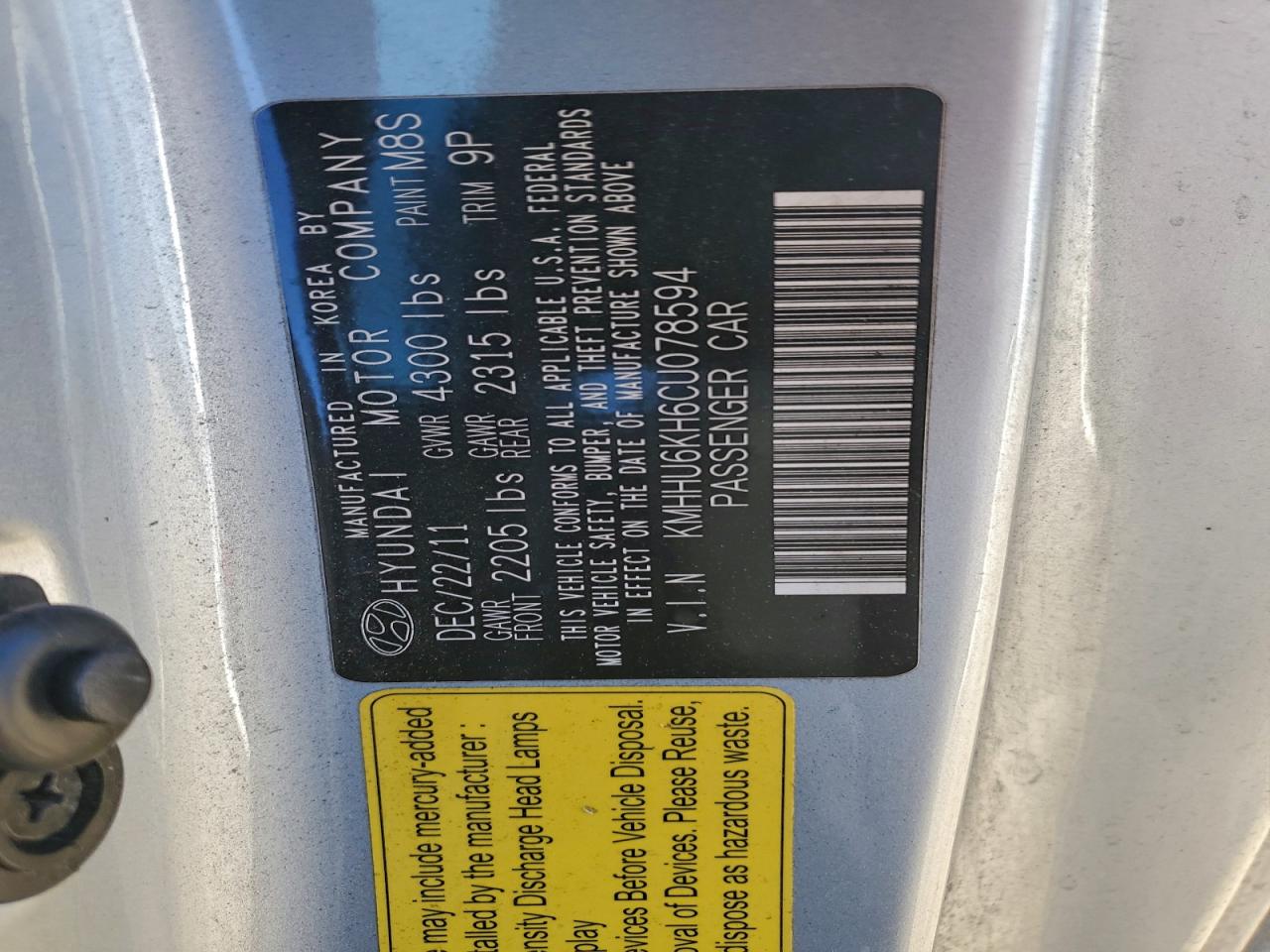 2012 Hyundai Genesis Coupe 3.8L VIN: KMHHU6KH6CU078594 Lot: 95822915