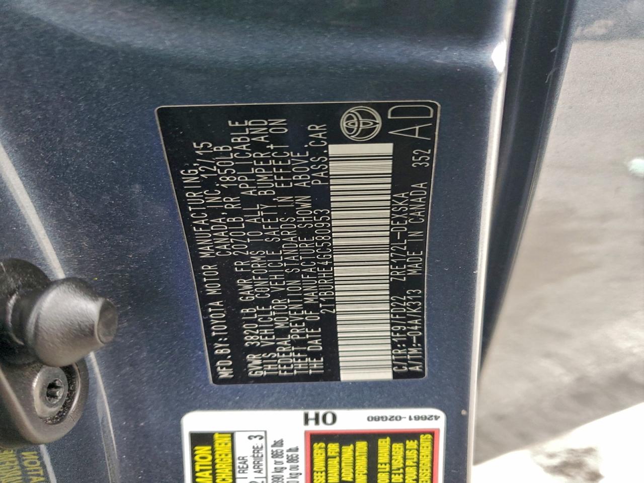 2016 Toyota Corolla L VIN: 2T1BURHE4GC580953 Lot: 96027665