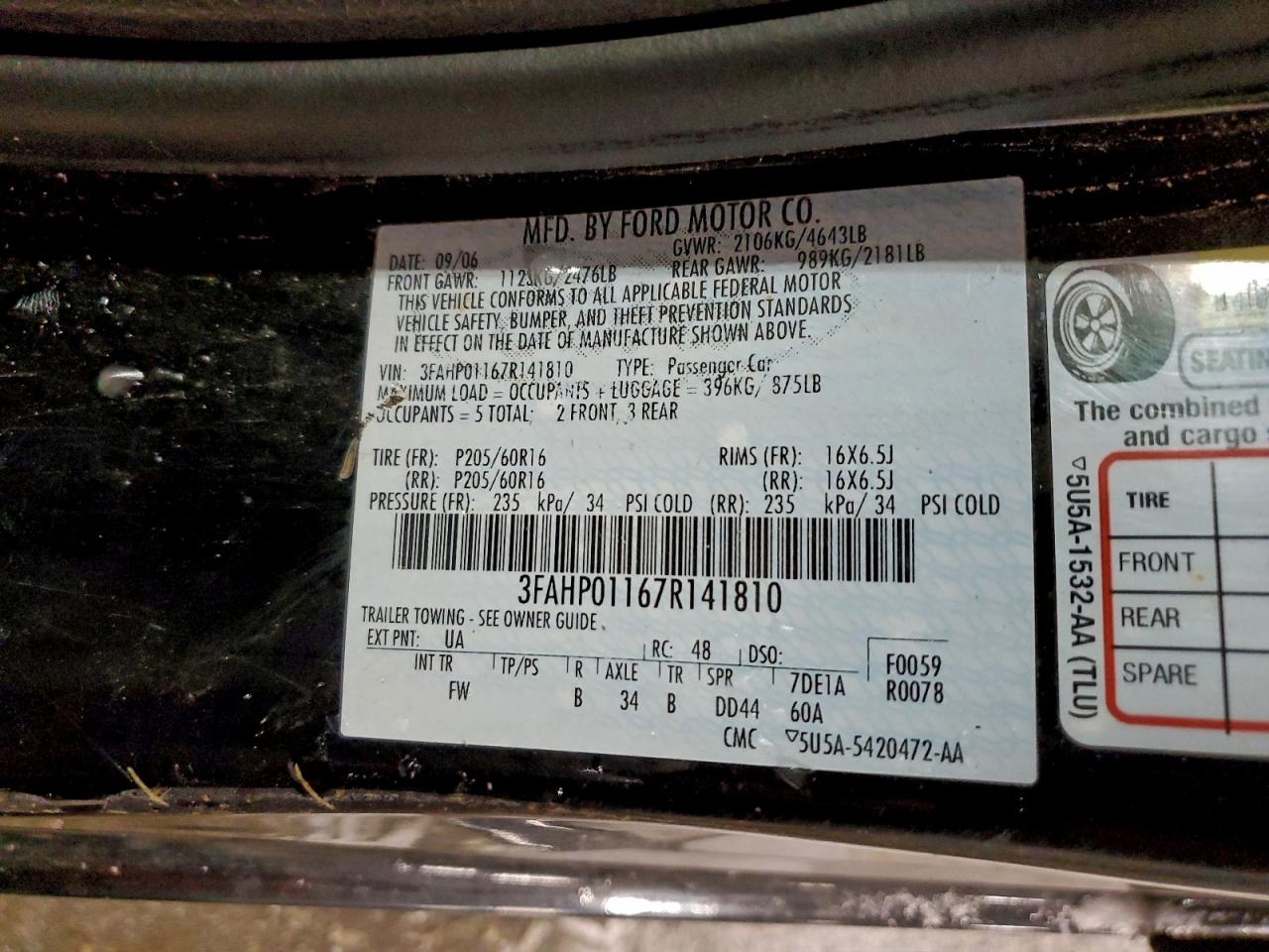 2007 Ford Fusion Se VIN: 3FAHP01167R141810 Lot: 97003295