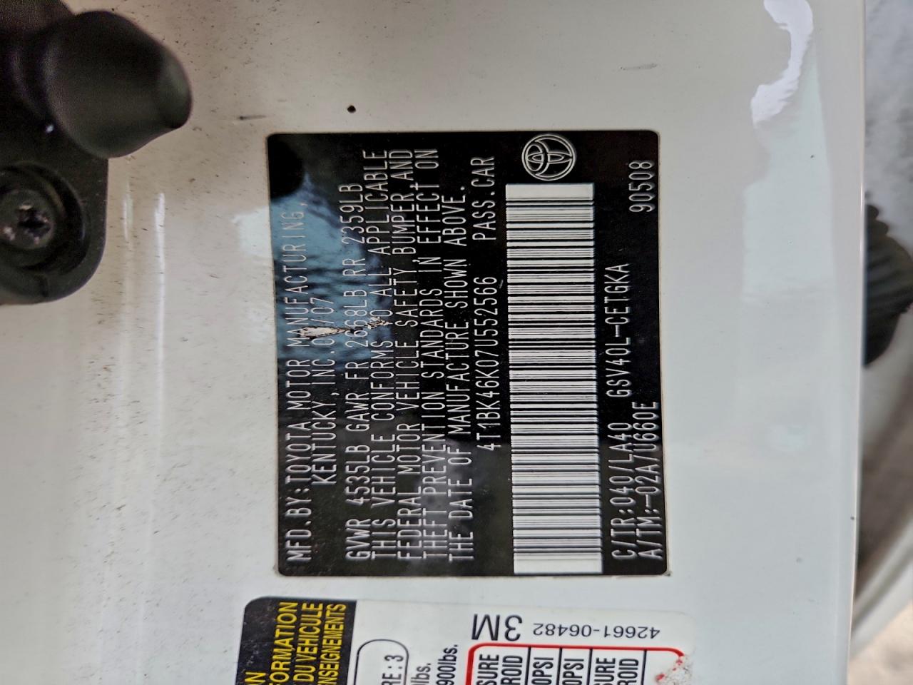 2007 Toyota Camry Le VIN: 4T1BK46K07U552566 Lot: 95510595