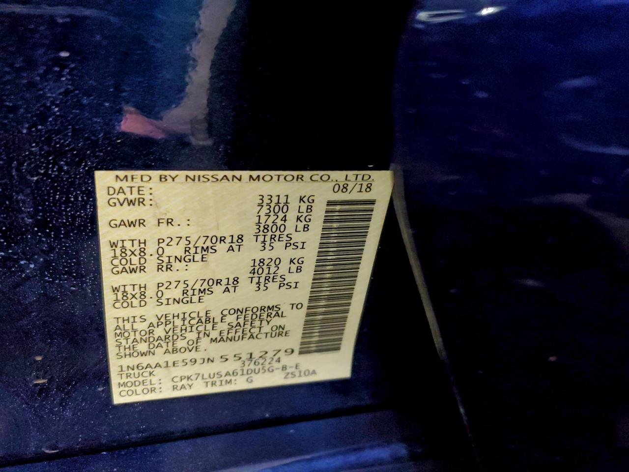 2018 Nissan Titan Sv VIN: 1N6AA1E59JN551279 Lot: 94775565