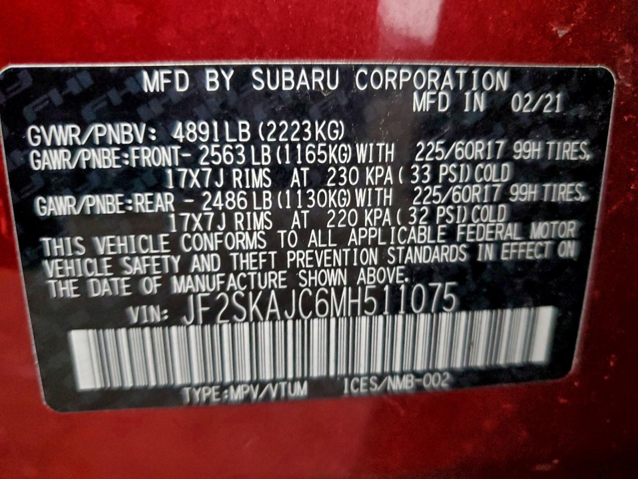 2021 Subaru Forester Premium VIN: JF2SKAJC6MH511075 Lot: 96251735