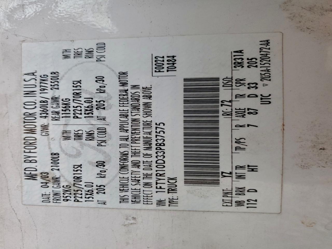 2003 Ford Ranger VIN: 1FTYR10D33PB37575 Lot: 96151945