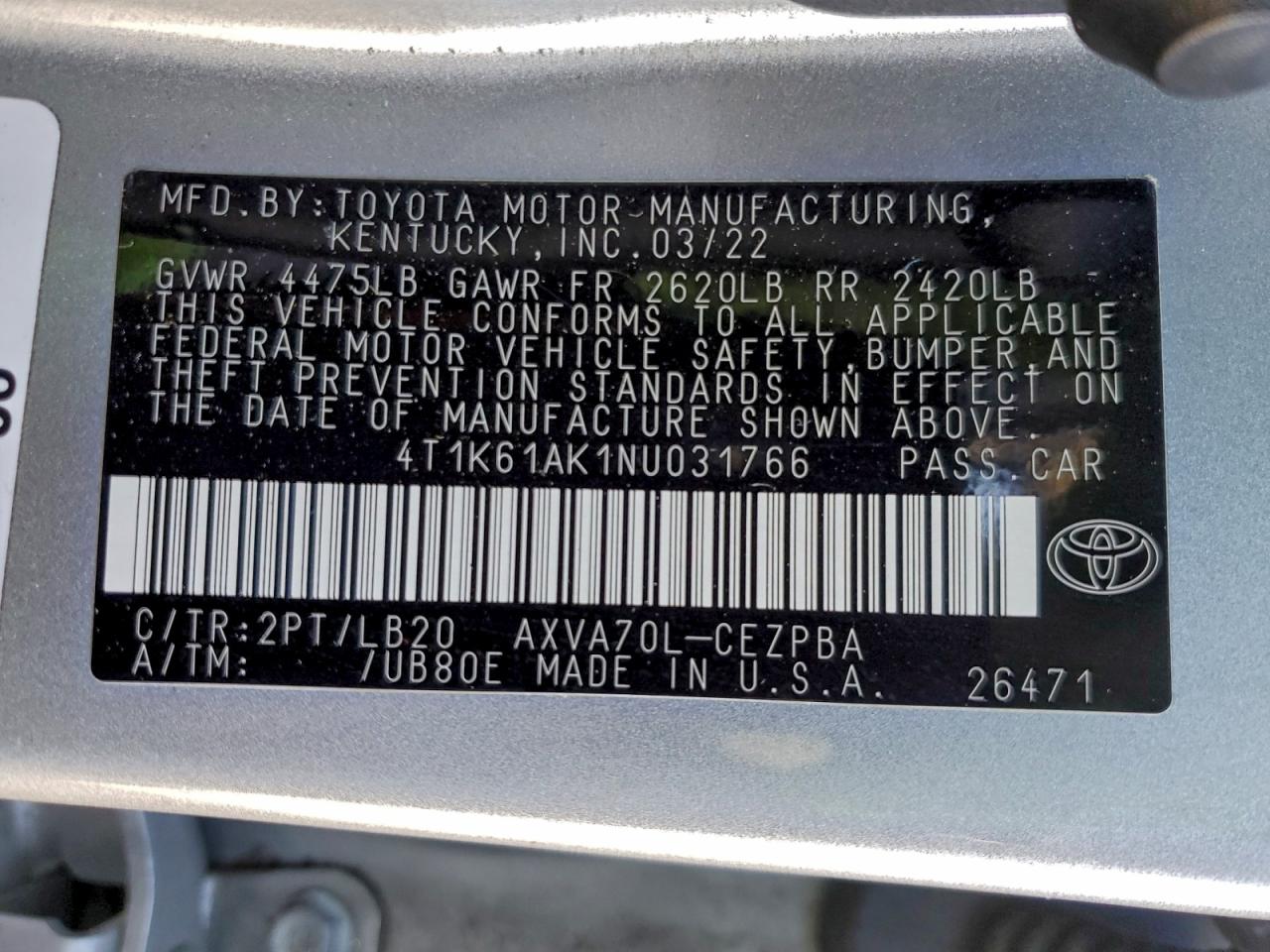 2022 Toyota Camry Xse VIN: 4T1K61AK1NU031766 Lot: 94481095