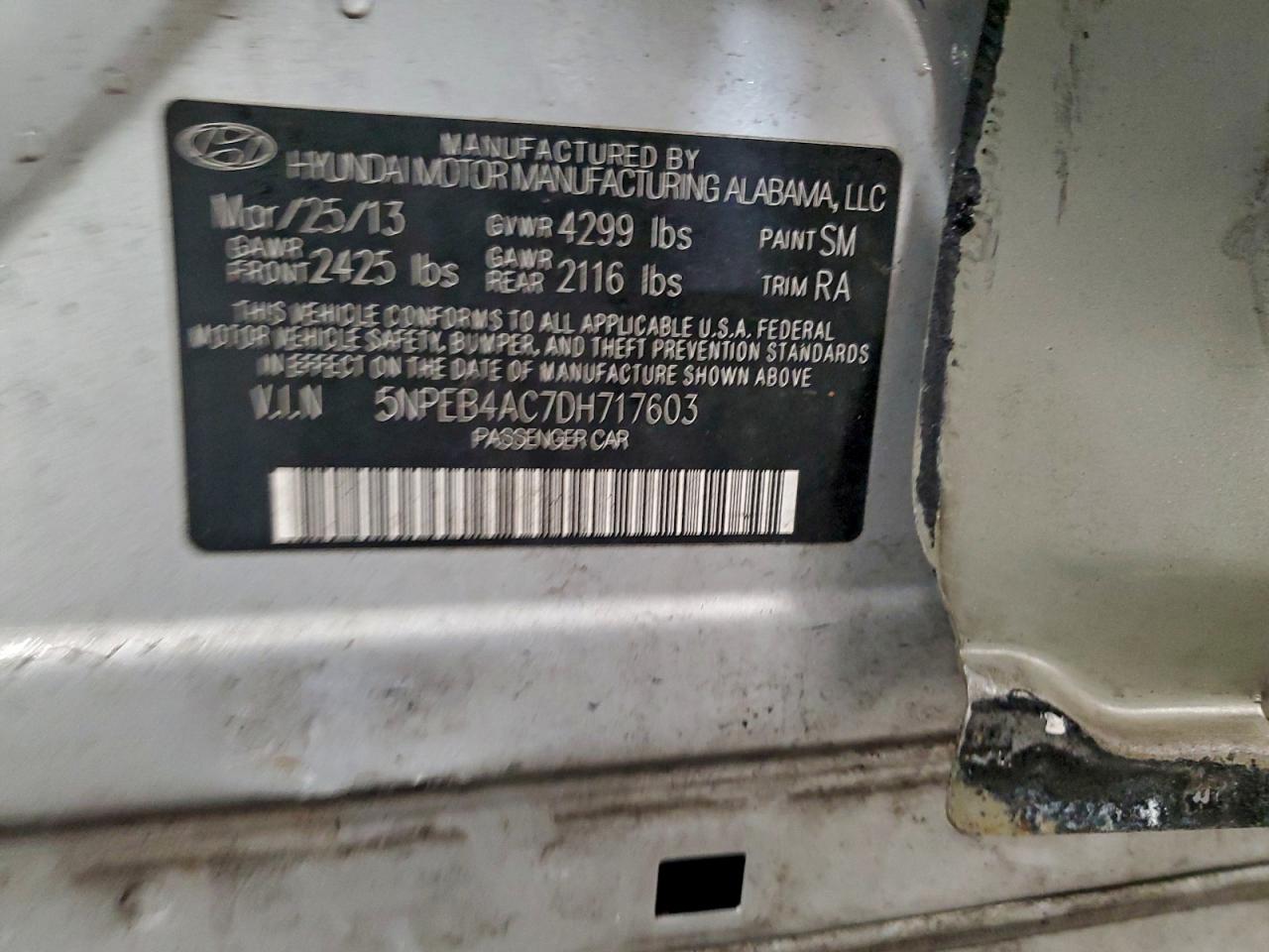 2013 Hyundai Sonata Gls VIN: 5NPEB4AC7DH717603 Lot: 94970945