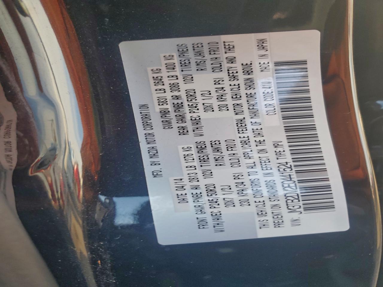 2014 Mazda Cx-9 Grand Touring VIN: JM3TB2DV2E0441524 Lot: 94904185