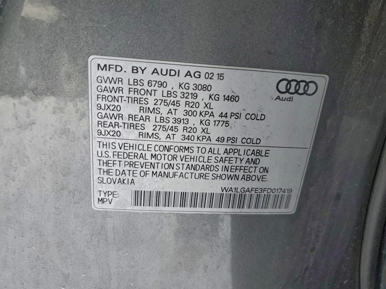 2015 Audi Q7 Premium Plus VIN: WA1LGAFE3FD017419 Lot: 95784655