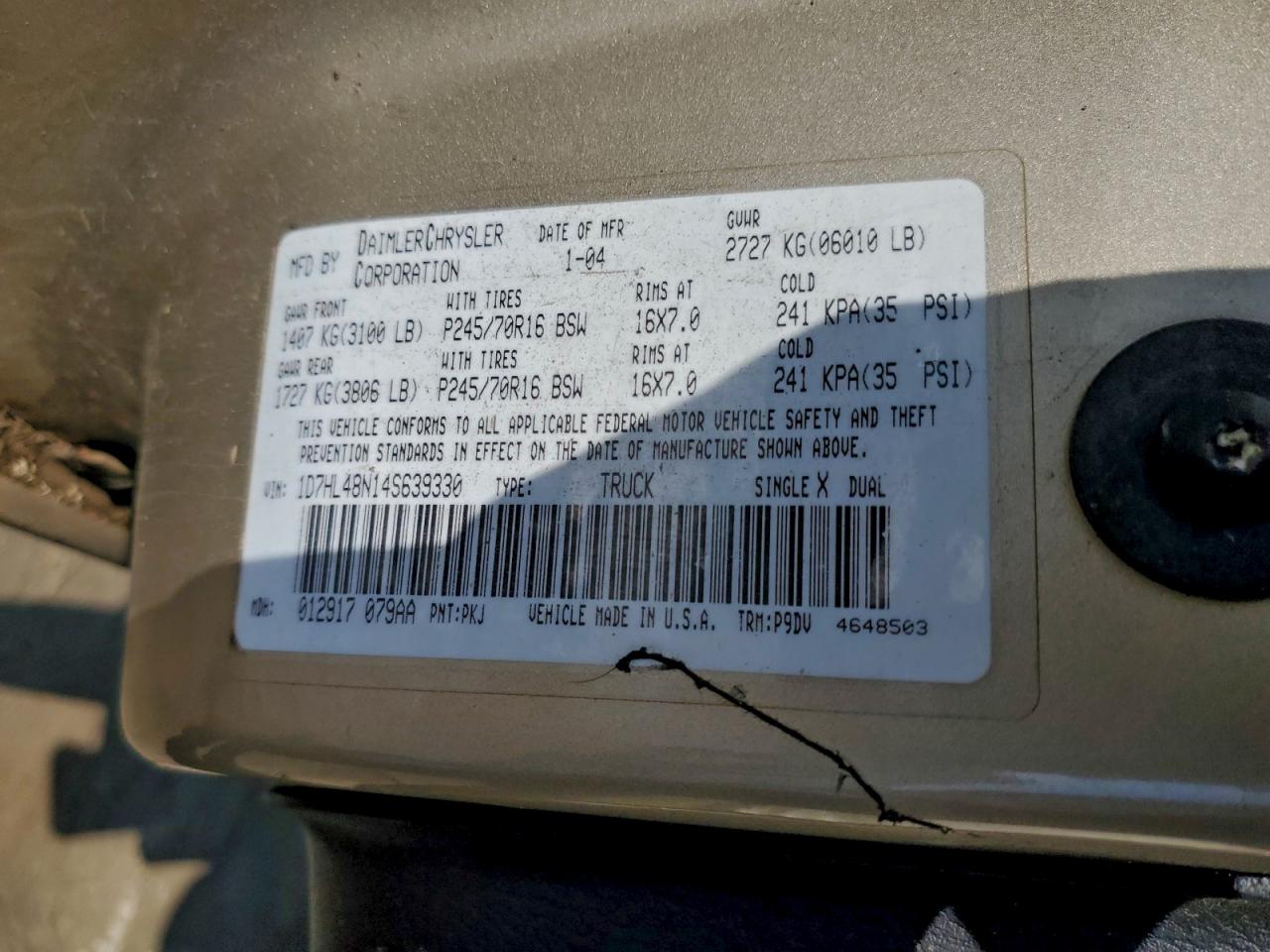 2004 Dodge Dakota Quad Slt VIN: 1D7HL48N14S639330 Lot: 96074425