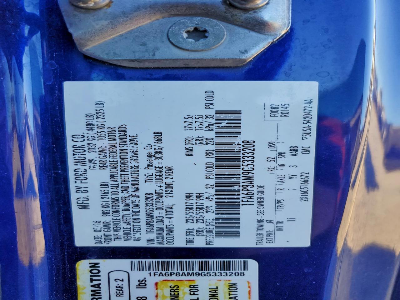 2016 Ford Mustang VIN: 1FA6P8AM9G5333208 Lot: 95519245