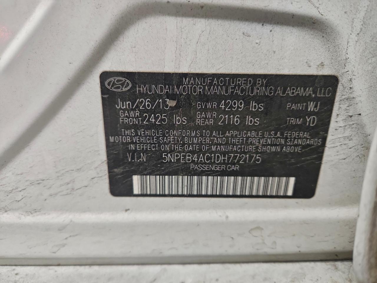 2013 Hyundai Sonata Gls VIN: 5NPEB4AC1DH772175 Lot: 95545115