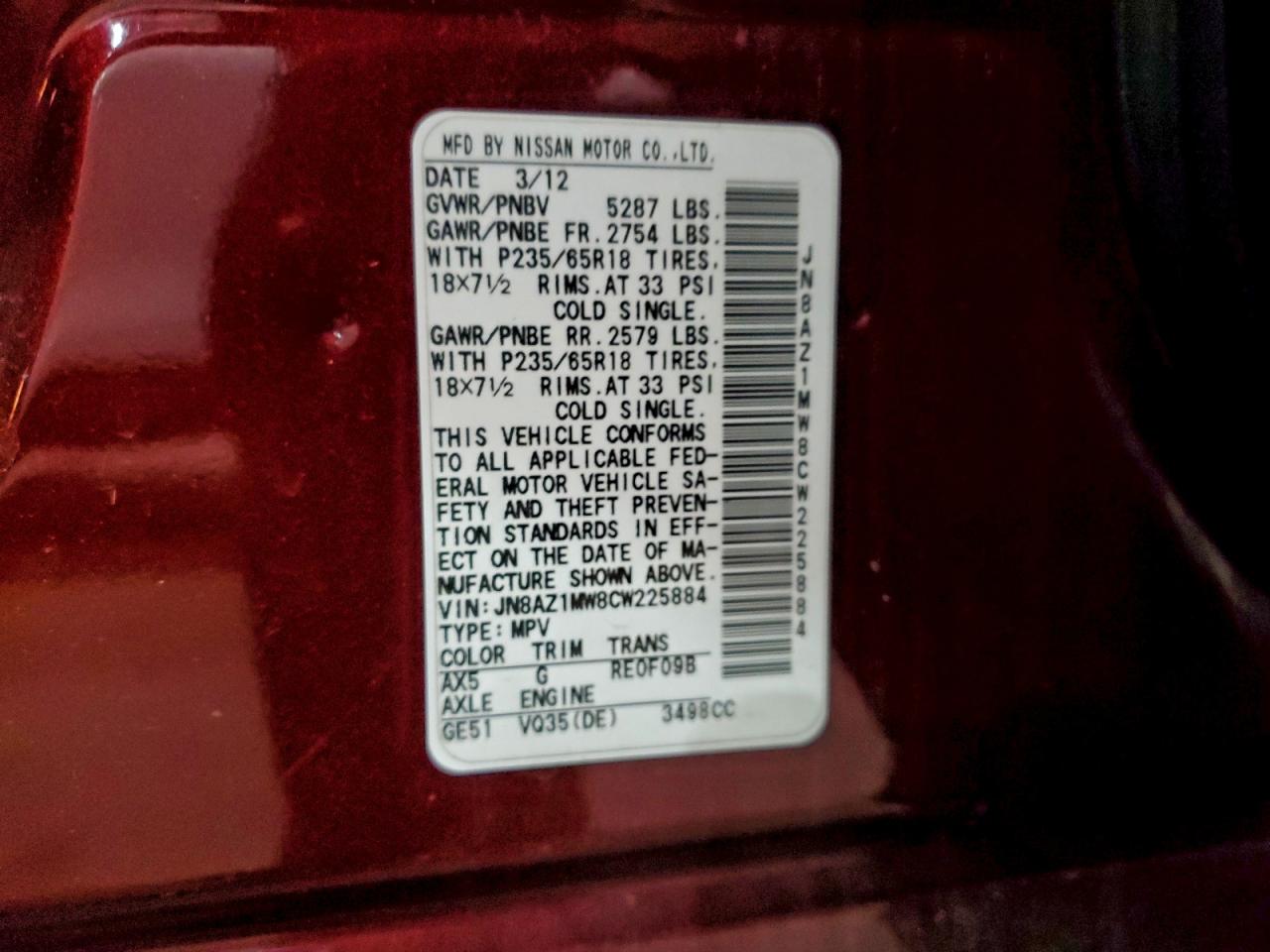 2012 Nissan Murano S VIN: JN8AZ1MW8CW225884 Lot: 96449995