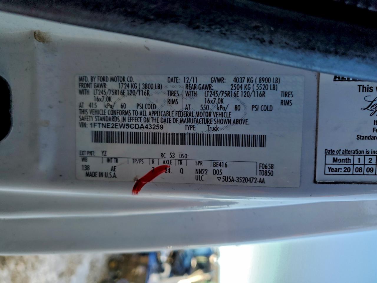 2012 Ford E250 Delivery Van VIN: 1FTNE2EW5CDA43259 Lot: 94849195