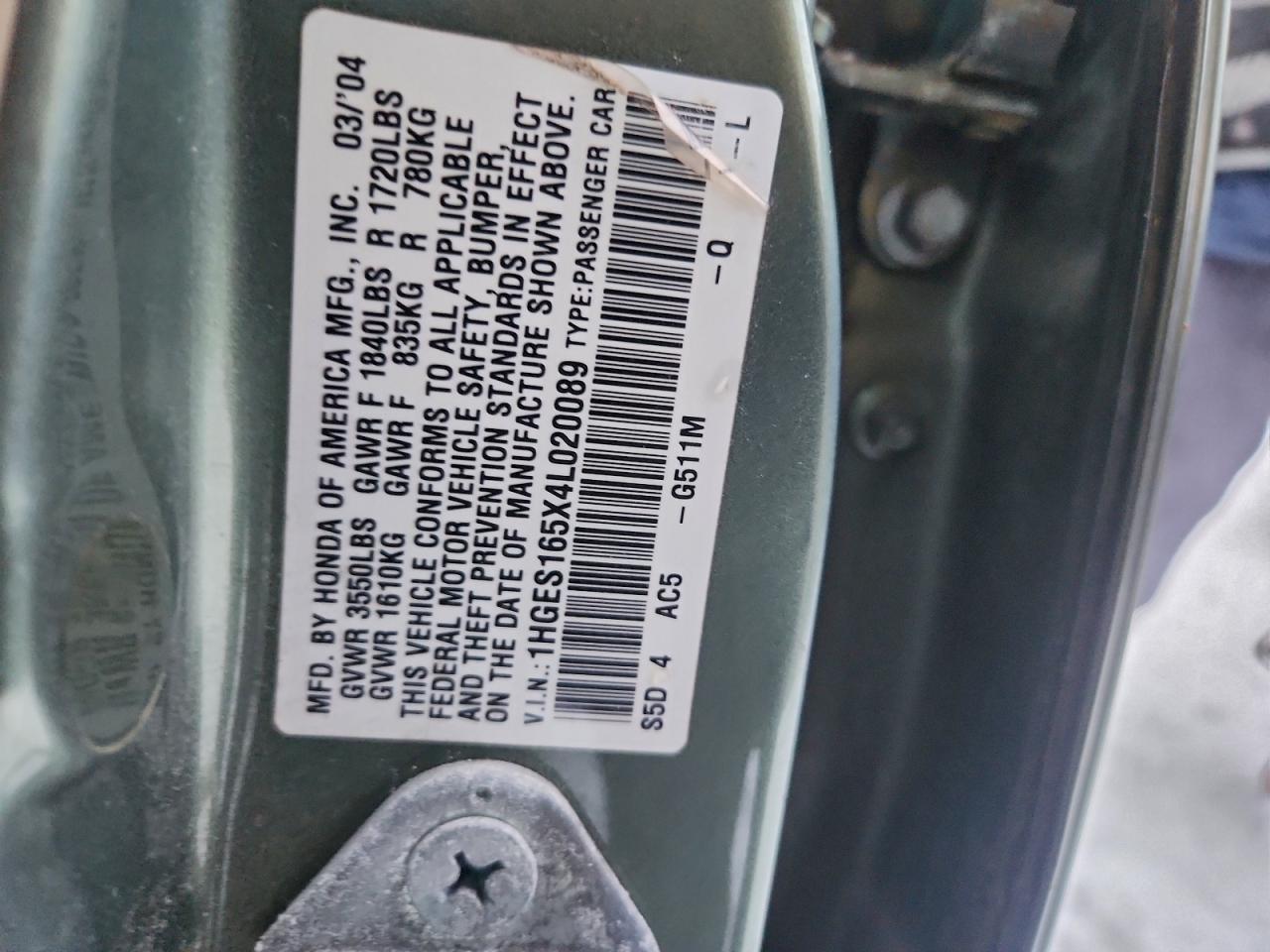 2004 Honda Civic Lx VIN: 1HGES165X4L020089 Lot: 97324345