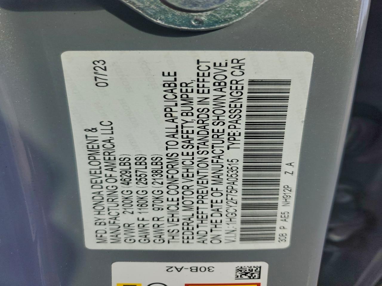 2023 Honda Accord Hybrid Sport-L VIN: 1HGCY2F75PA053515 Lot: 95497915