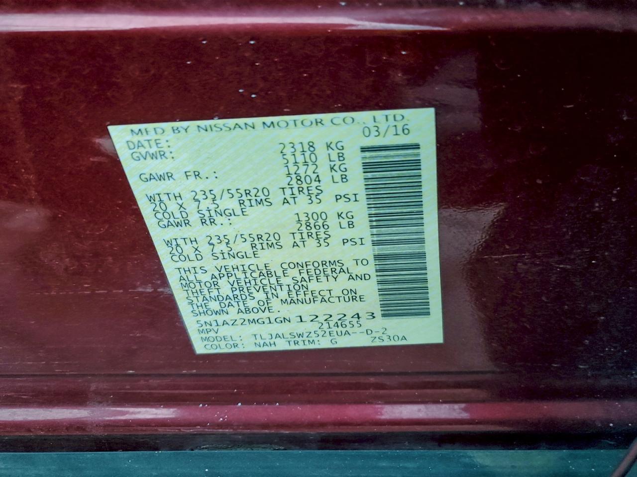 2016 Nissan Murano S VIN: 5N1AZ2MG1GN122243 Lot: 95304305